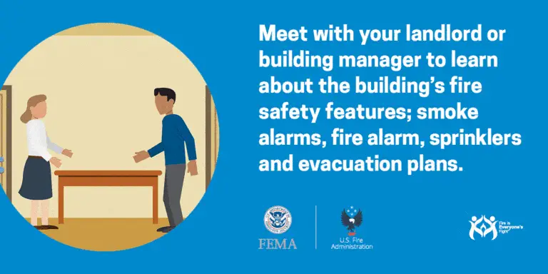 A tenant meeting with a landlord or building manager at a desk to discuss the building's fire safety features including fire alarms, sprinklers, and evacuation plans, promoted by fema and the us fire administration.