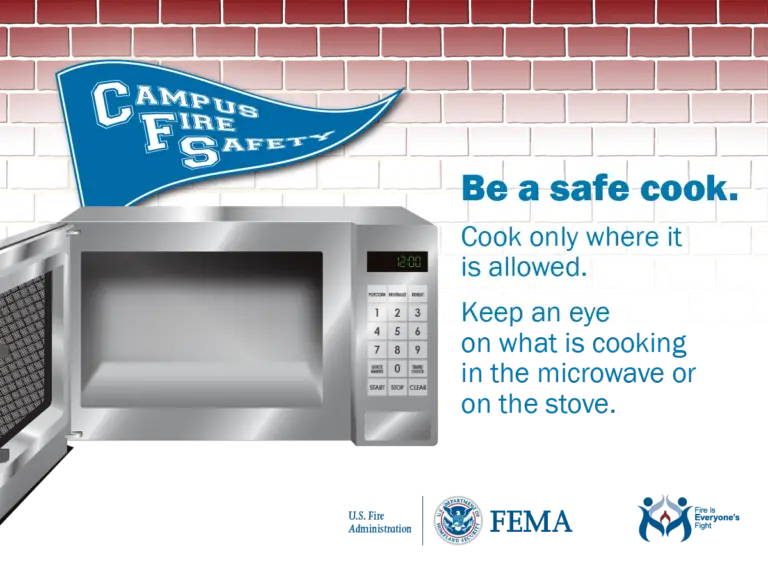 A safety campaign poster with a brick wall background featuring a microwave and a message encouraging safe cooking practices on a college campus, with various logos indicating sponsorship by safety organizations.