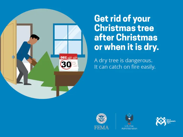A man carrying a christmas tree out of the house with a reminder to dispose of your christmas tree after christmas or when it becomes dry due to the increased fire risk, accompanied by safety logos from fema and the us fire administration.