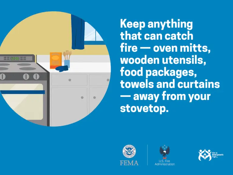 A safety reminder to keep flammable items like oven mitts, wooden utensils, food packages, towels, and curtains away from the stove to prevent kitchen fires.