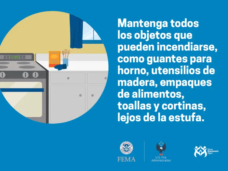 An informative graphic about kitchen safety, featuring an illustration of a stove and advising to keep flammable objects such as wooden utensils, food packaging, towels, and curtains away from the stove to prevent fires. the information is provided by fema and the us fire administration.
