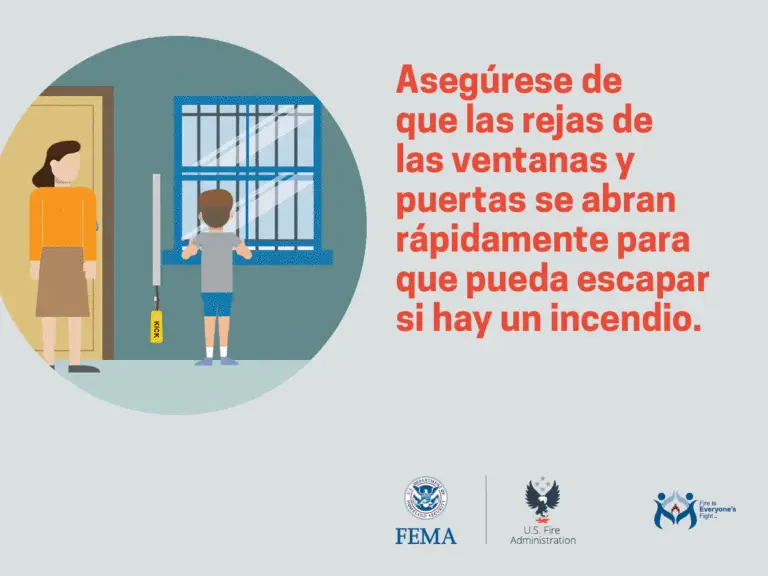 A safety message in spanish advising to ensure that bars and gates on windows and doors can be quickly opened for an escape in case of a fire, presented by fema, us fire administration, and fire is everyone's fight.