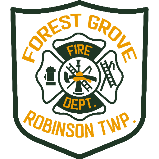 Shield-shaped logo for Forest Grove Fire Dept, Robinson Twp. Features fire hydrant, ladder, fireman’s helmet, and axe inside a fire service cross, with yellow and dark green text and outlines.