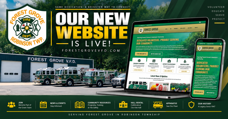 Forest Grove Fire Dept. promo showing fire trucks, fire station, phones, and laptops, announcing their new website launch. Highlights volunteer info, events, resources, and apparatus with green and yellow colors.